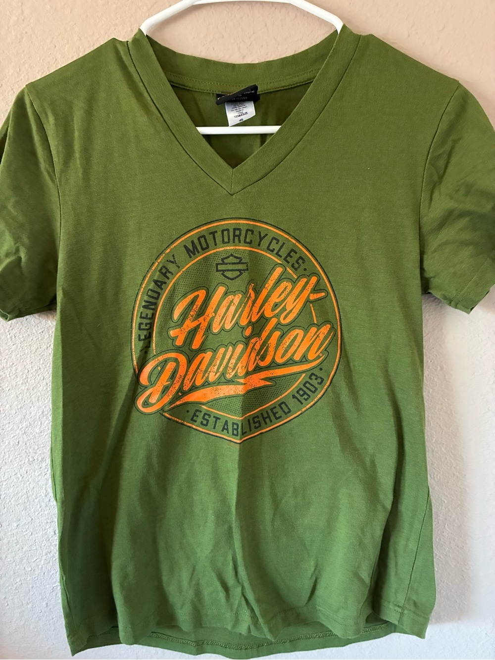 Harley-Davidson Olive Green V-Neck Tee with Orange Logo